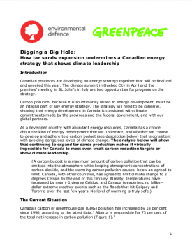 Report: Digging a Big Hole: How tar sands expansion undermines a Canadian energy strategy that shows climate leadership