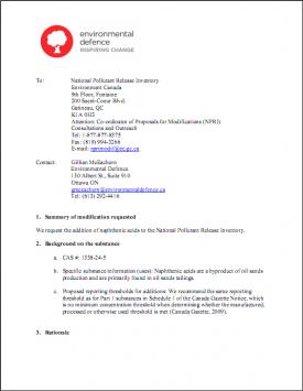 Report: Environmental Defence Submission to Environment Canada on Naphthenic Acids in the Tar Sands