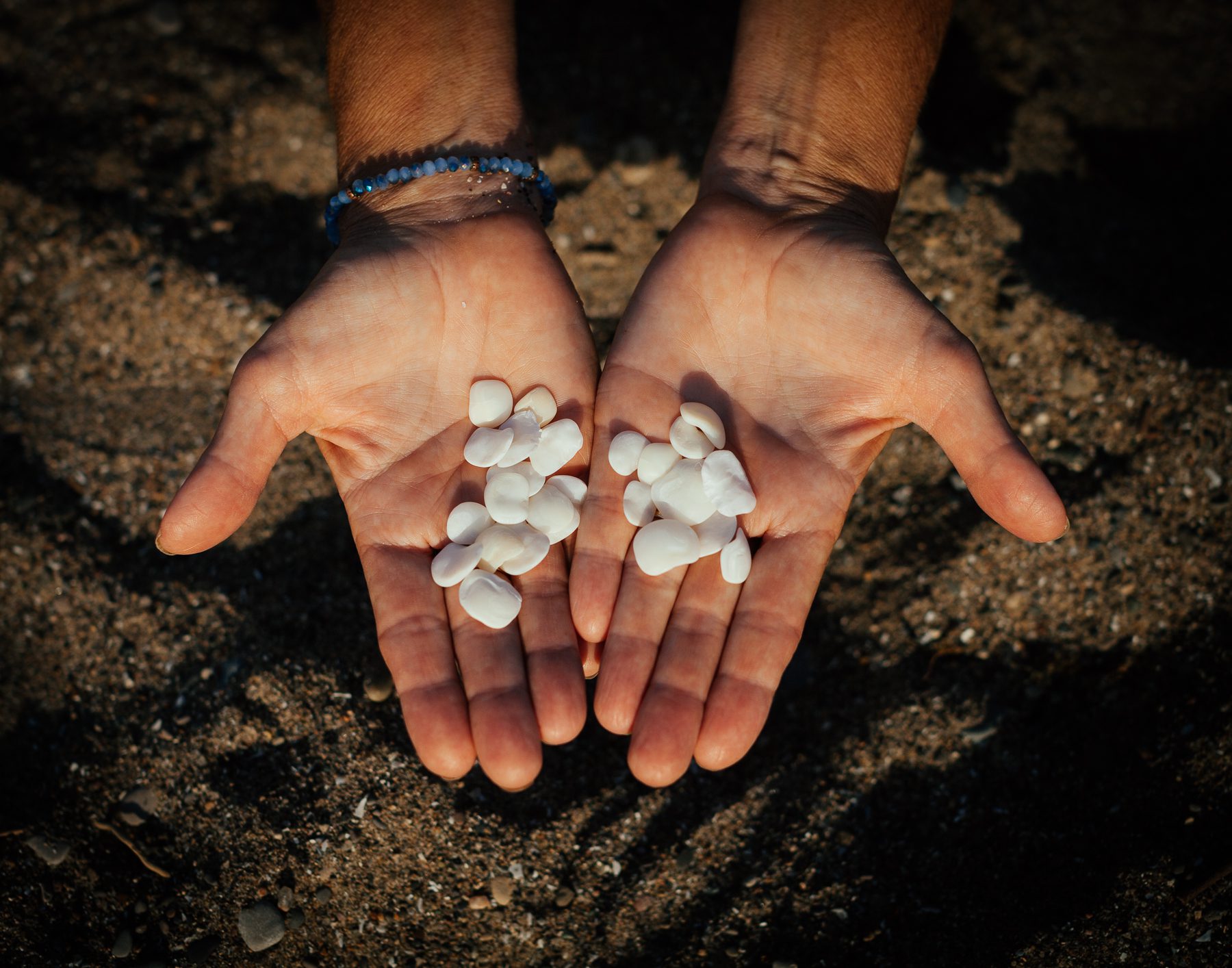 Sandra shows her collection of “lucky stones,” which are the unique ear bone or otolith of a freshwater drum (Aplodinotus grunniens), also known as the sheepshead fish.