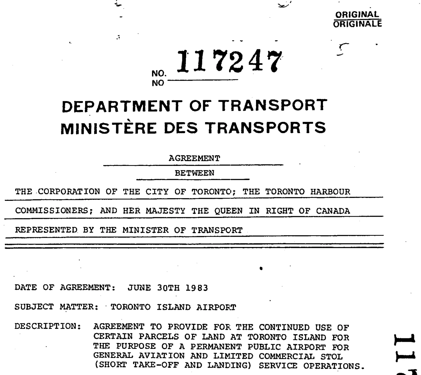 1983 Toronto Island Airport Tripartite Agreement